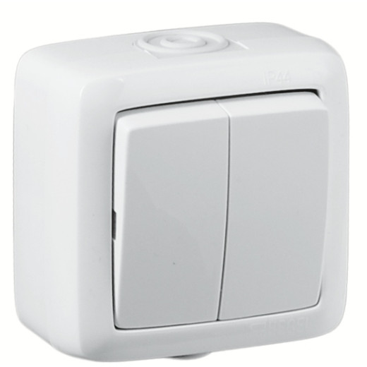 ВА16-251 Выключатель открытой установки, двухклавишный, брызгозащищенный, цвет белый