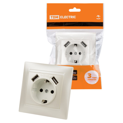 Розетка 2П+З 16А 250В + 2 USB порта 2,1А 5В перламутр 