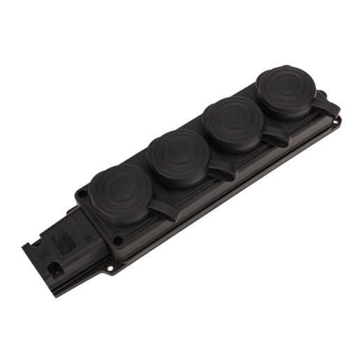 Розетка (колодка) влагозащищенная с крышкой 4 гнезда, 2Р+РЕ, 230В, с/3, 16А, IP44, каучук, черная PROconnect