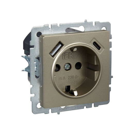 BRITE Роз. с з/к/ш 16А с USB A+C 18Вт РЮш11-1-БрШ шамп. IEK