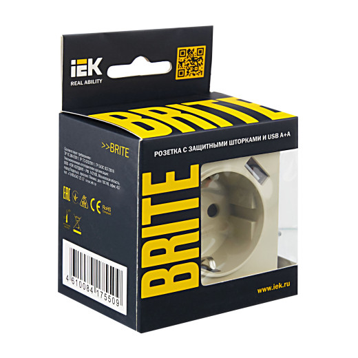 BRITE Роз. с з/к/ш 16А с USB A+A 2,1А РЮш10-1-БрКр беж. IEK