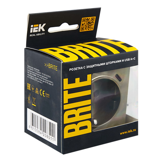 BRITE Роз. с з/к/ш 16А с USB A+C 18Вт РЮш11-1-БрШ шамп. IEK
