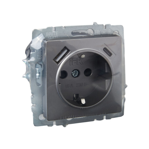 BRITE Роз. с з/к/ш 16А с USB A+C 18Вт РЮш11-1-БрС сталь IEK