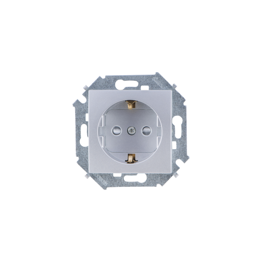 Simon 15 Алюминий Розетка 2P+E Schuko, со шторками, 16А, 250В, винт.заж.