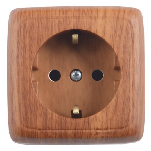 РА16-113-05 Розетка открытой установки, одноместная, с заземляющим контактом, с изолирующй пластиной, цвет  дуб