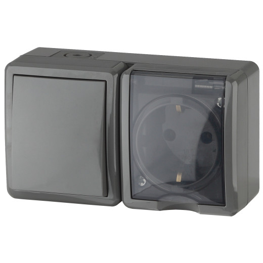 Блок розетка с выключателем ЭРА Эксперт 11-7401-03 IP54 16A-10AX-250В ОУ серый