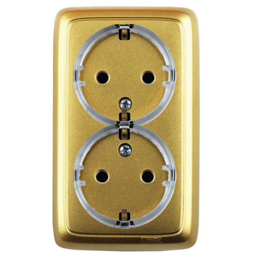 РА16-181-07 Розетка открытой установки, двухместная, с заземляющим контактом, цвет золото
