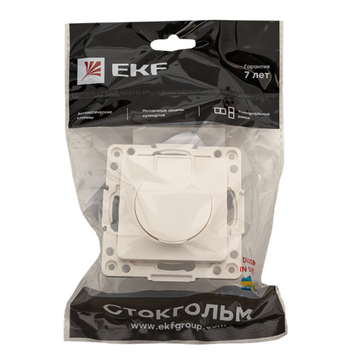 Стокгольм Механизм Розетки 1-местной с/з 16А автоматические клеммы белый с крышкой и защ. штор. IP44 EKF PROxima