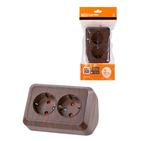 TDM Розетка угловая двойная 2П+3 открытой установки с з/ш IP20 250В 16А бук 