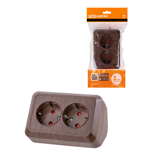 Розетка угловая двойная 2П+3 открытой установки с з/ш IP20 250В 16А бук 