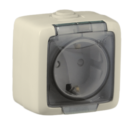 РА16-211-01 Розетка открытой установки, одноместная, с заземляющим контактом, брызгозащищенная, цвет слоновая кость