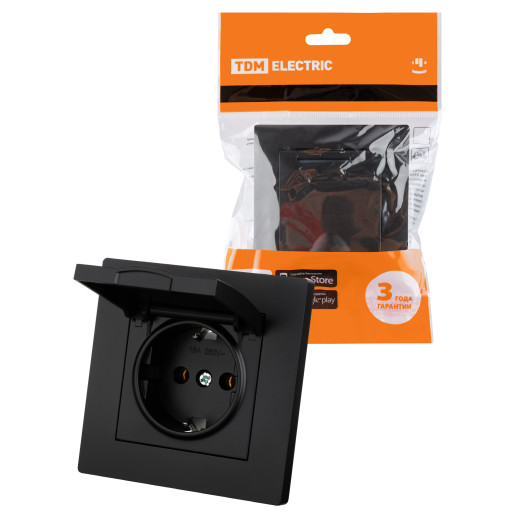 Розетка 2П+З 16А 250В IP44 с крышкой черная 