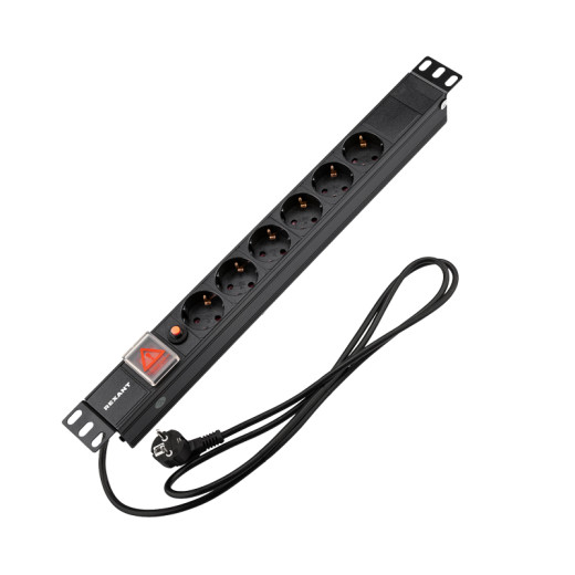 Блок распределения питания PDU горизонтальный 1U 6 розеток СЕЕ 7/4 Schuko 16A фильтр выкл алюм корп шнур 2м вилка СЕЕ 7/7 Schuko черный REXANT