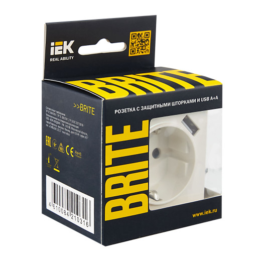 BRITE Роз. с з/к/ш 16А с USB A+A 2,1А РЮш10-1-БрЖ жемч. IEK