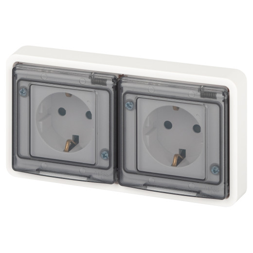 Розетка ЭРА Эксперт 11-2524-01 двойная с заземлением с крышкой 2х2P+E горизонт. IP55 шторки 16A-250В СУ белый