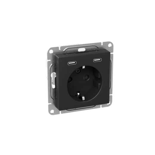 Механизм розетки с USB-C - 2шт, 16А, с заземлением, со шторками, чёрный Эпика EKF