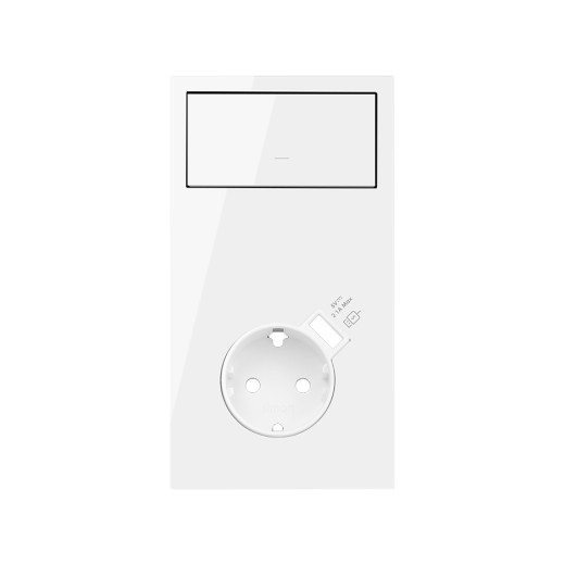 Simon 100 Белый глянец Кит 2 поста, фронт. Накладка вертикальная на 1 розетку Schuko с з/у USB SC + 1 клавиша выключателя