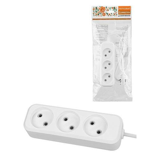 Удлинитель 3 гнезда, 10 метров, б/з, 10 А, 2300 Вт, белый, НАРОДНЫЙ