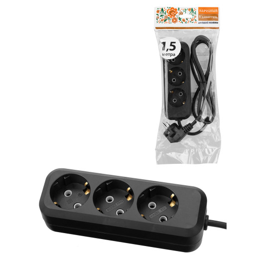 Удлинитель 3 гнезда, 1,5 метра, с/з, 10 А, 2300 Вт, черный, НАРОДНЫЙ