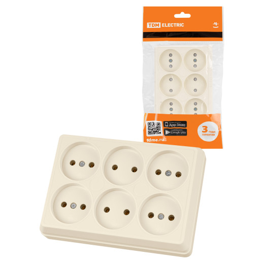 Розетка шестиместная 2П открытой установки IP20 10А сл. кость 