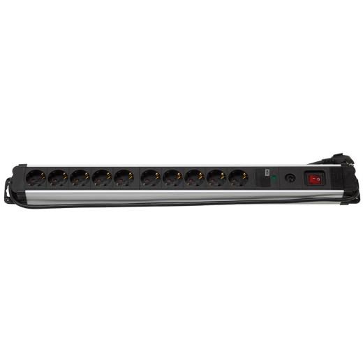 Сетевой фильтр на 10 розеток Schuko, а/выключатель, кабель 1.5м, SBrico, черный