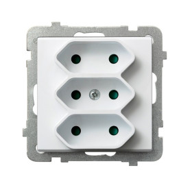 Ospel Sonata Белый Розетка 3-я (в одну коробку) для узких вилок б/з EUROсо шторками, без рамки