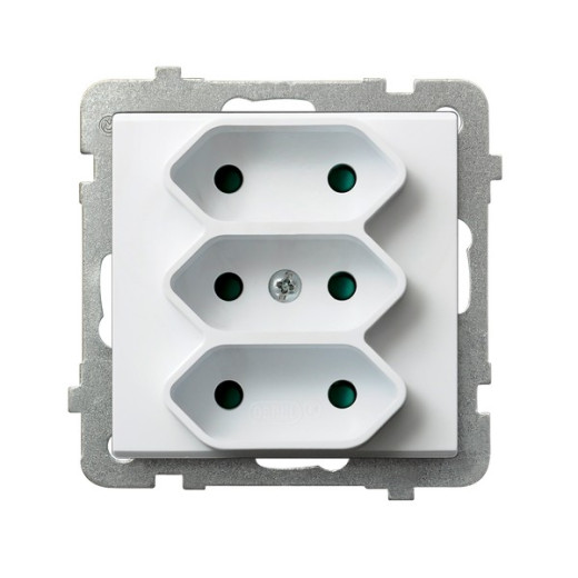 Ospel Sonata Белый Розетка 3-я (в одну коробку) для узких вилок б/з EUROсо шторками, без рамки