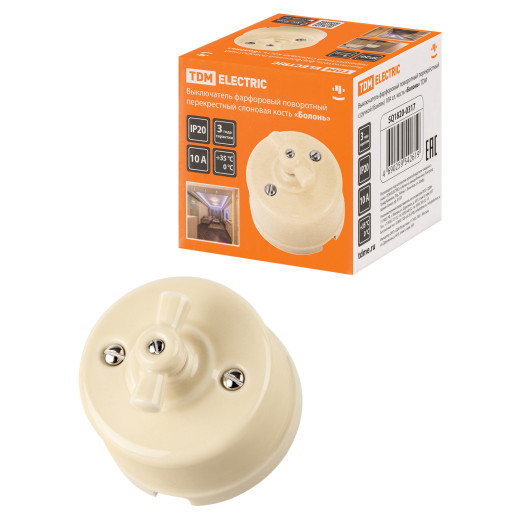 Выключатель фарфоровый поворотный перекрёстный с ручкой (бантик) 10А сл. кость «Болонь» TDM