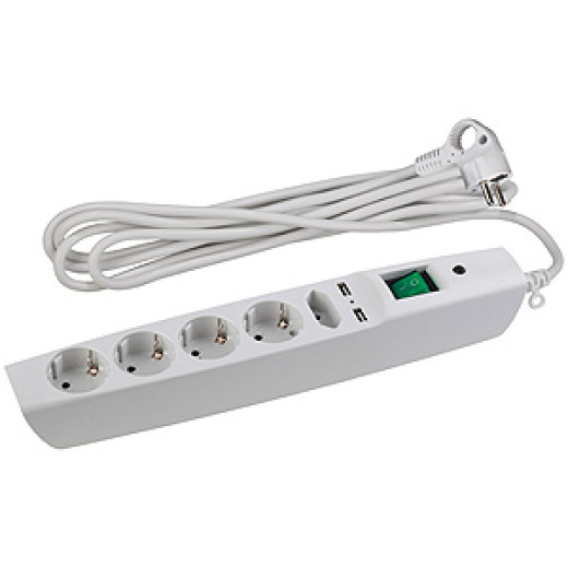 Сетевой фильтр ЭРА  SFU-5es-2m-W с надежной защитой с заземлением с выключателем 5 розеток 2xUSB 2м 10А белый