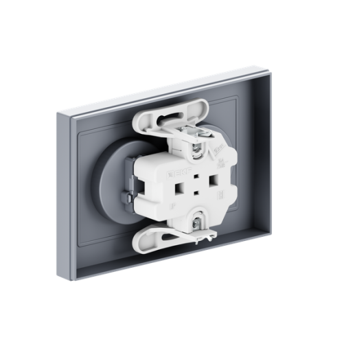 Механизм розетки двойной, 16А, без заземления, со шторками, с рамкой, алюминий Эпика EKF
