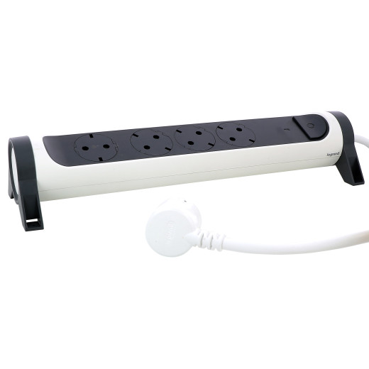 Удлинитель с заземлением Legrand 4 розетки с кабелем 1,5 м., с индикацией потребляемой мощности и защитой от перегрузки, кнопкой включения и поворотным основанием, цвет: бело-черный