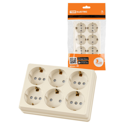 Розетка шестиместная 2П+3 открытой установки IP20 16A с защитными шторками сл.кость 