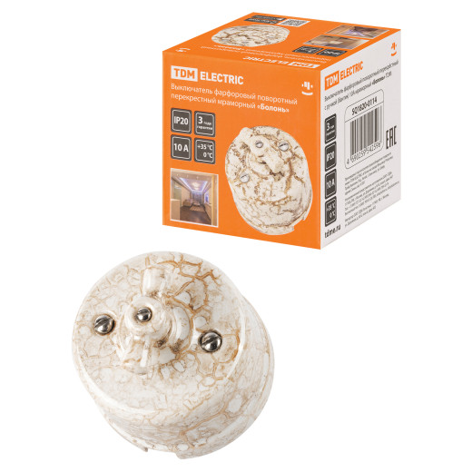 Выключатель фарфоровый поворотный перекрёстный с ручкой (бантик) 10А мраморный «Болонь» TDM