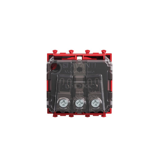 Розетка модульная, 2P+E, с з/ш, Avanti, красный квадрат, 2 модуля