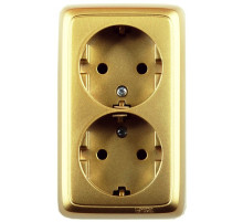 Hegel Альфа наруж Золото РА16-154-07 Розетка с/з двойная, со шторками, изол. пластиной (250В, 16А)