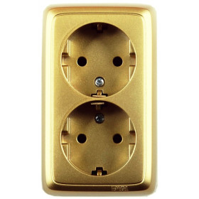 Hegel Альфа наруж Золото РА16-154-07 Розетка с/з двойная, со шторками, изол. пластиной (250В, 16А)