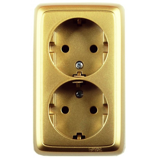 РА16-154-07 Розетка открытой установки, двухместная, с заземляющим контактом, со шторками, с изолирующей пластиной, цвет золото