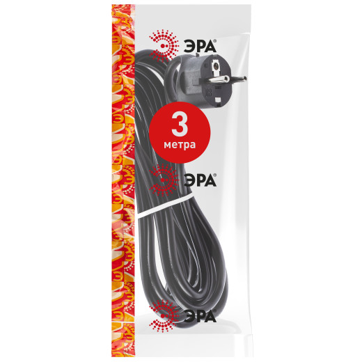 Шнур сетевой с вилкой ЭРА  UX-3x0,75-3m-B с заземлением 3м ПВС 3x0,75мм2 черный