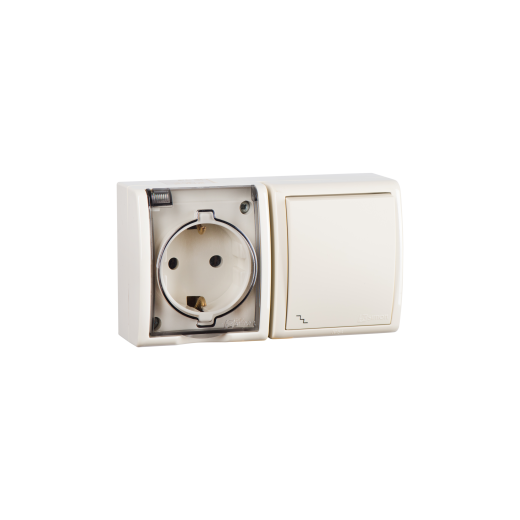 Simon 15 Бежевый Блок, розетка 2P+E Schuko 16А 250В + выкл.проход.10А 250В, IP54