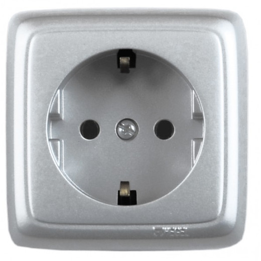 РА16-114-06 Розетка открытой установки, одноместная, с заземляющим контактом, со шторкой, с изолирующй пластиной, цвет серебро