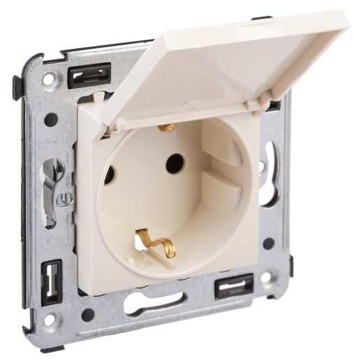 Розетка с крышкой в стену, 2P+E, с з/ш, Avanti, ванильная дымка