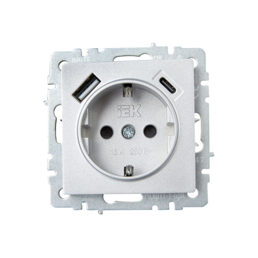BRITE Роз. с з/к/ш 16А с USB A+C 18Вт РЮш11-1-БрА алюм. IEK