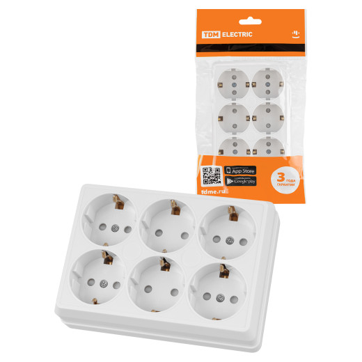 Розетка шестиместная 2П+3 открытой установки IP20 16A с защитными шторками белая 