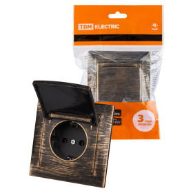 TDM Розетка 2П+З 16А 250В IP44 с крышкой старинная бронза 