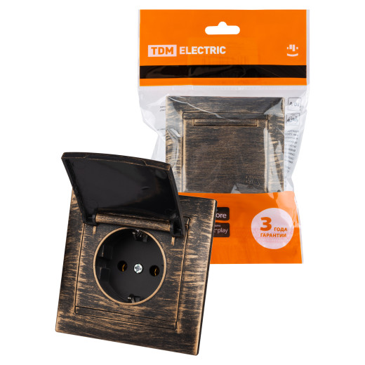 Розетка 2П+З 16А 250В IP44 с крышкой старинная бронза 