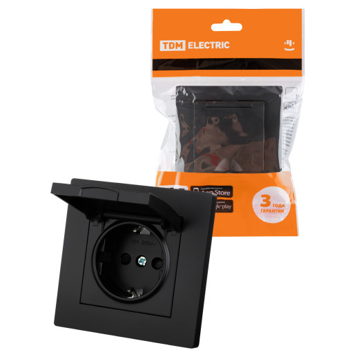 Розетка 2П+З 16А 250В IP44 с защ. шт. с крышкой черная 