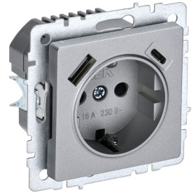 IEK BRITE BASE Алюминий Розетка с з/к/ш 16А с USB A+C 18Вт РЮш11-1-БрА