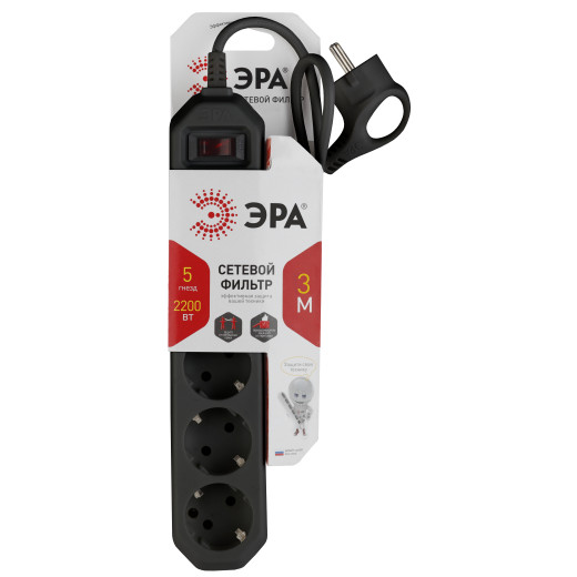 Сетевой фильтр ЭРА  USF-5es-3m-B с базовой защитой с заземлением с выключателем 5 розеток 3м 10А черный