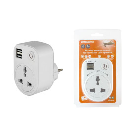 TDM Адаптер универсальный поворотный  с/з 250В 16А + 2USB 2.1A белый