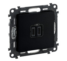 Legrand Valena LIFE Black. Зарядное устройство с двумя USB-разьемами тип C-тип С 240В/5В 3000мА. С лицевой панелью. Цвет Антрацит..